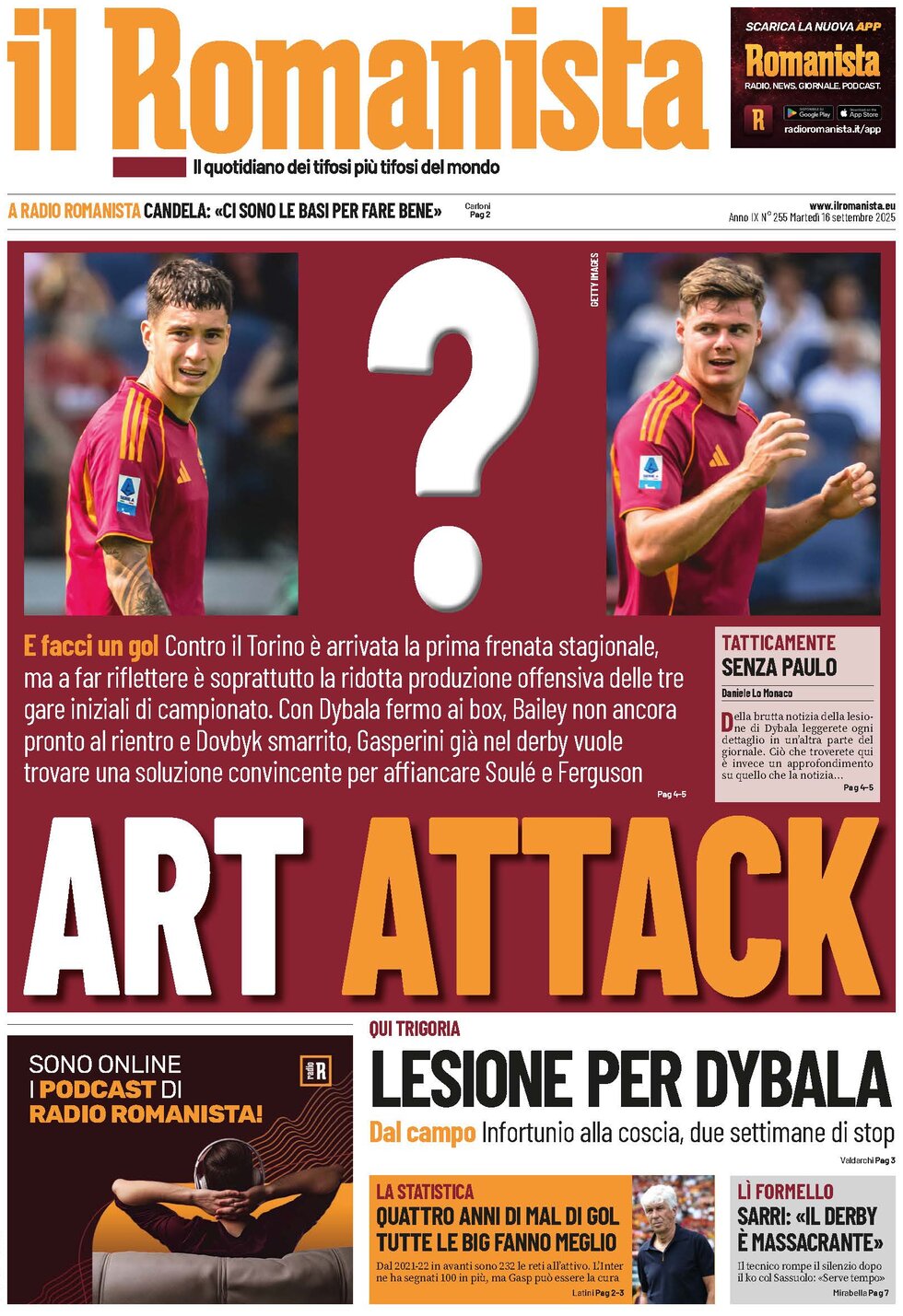 Prima Pagina Il Romanista 16/09/2025