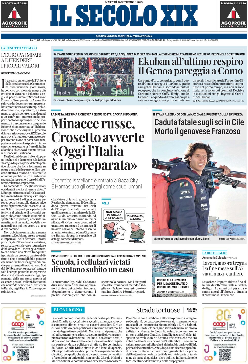 Prima Pagina Il Secolo XIX 16/09/2025