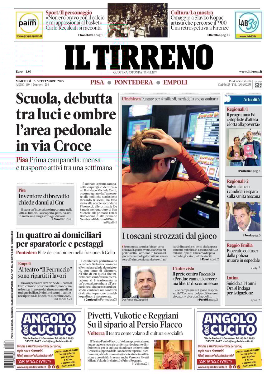 Prima Pagina Il Tirreno (Pisa, Pontedera) 16/09/2025