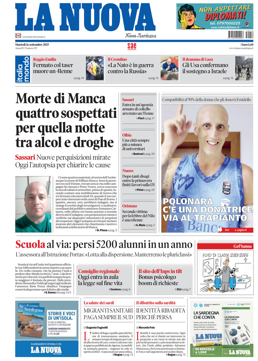 Prima Pagina La Nuova Sardegna 16/09/2025