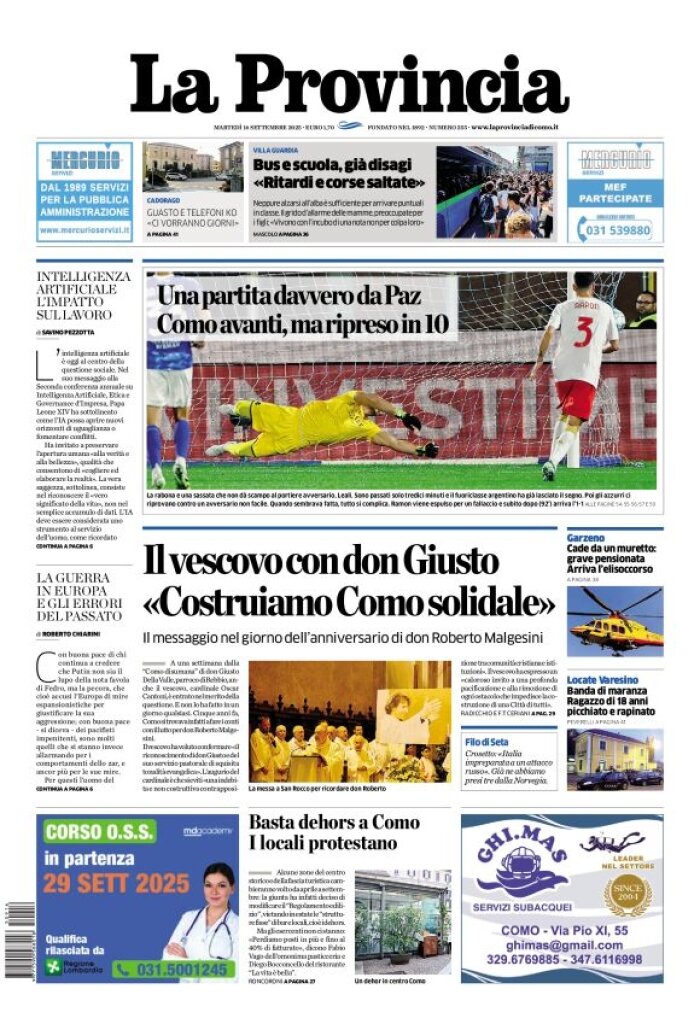 Prima Pagina La Provincia di Como 16/09/2025