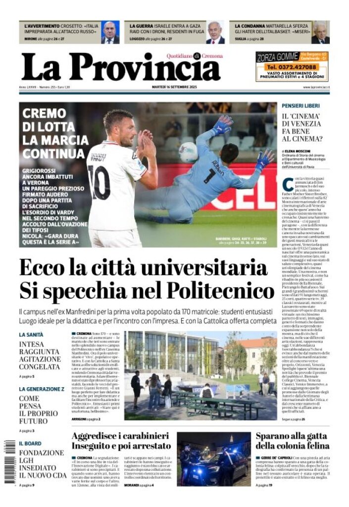 Prima Pagina La Provincia di Cremona 16/09/2025