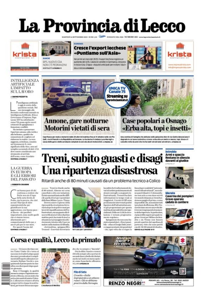 Prima Pagina La Provincia di Lecco 16/09/2025