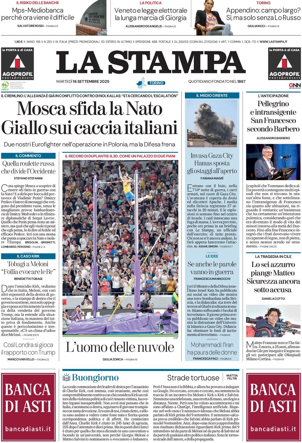 Prima Pagina La Stampa 16/09/2025