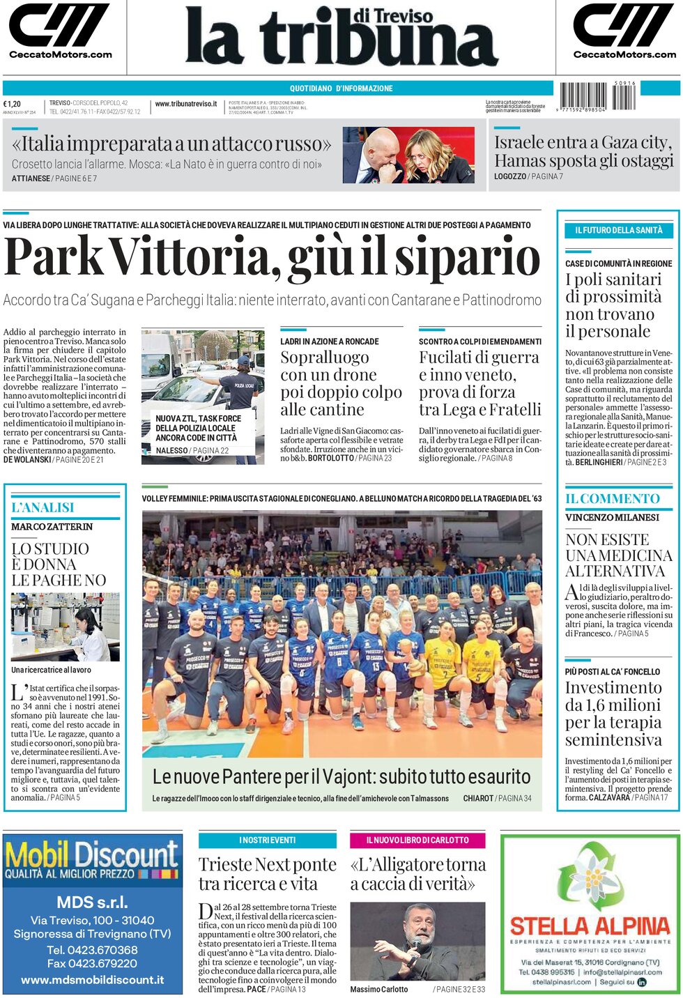 Prima Pagina La Tribuna di Treviso 16/09/2025