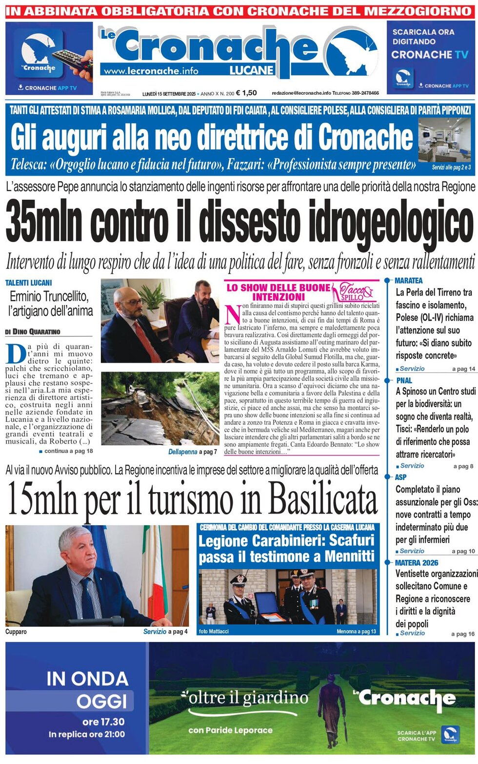 Prima Pagina Le Cronache Lucane 16/09/2025