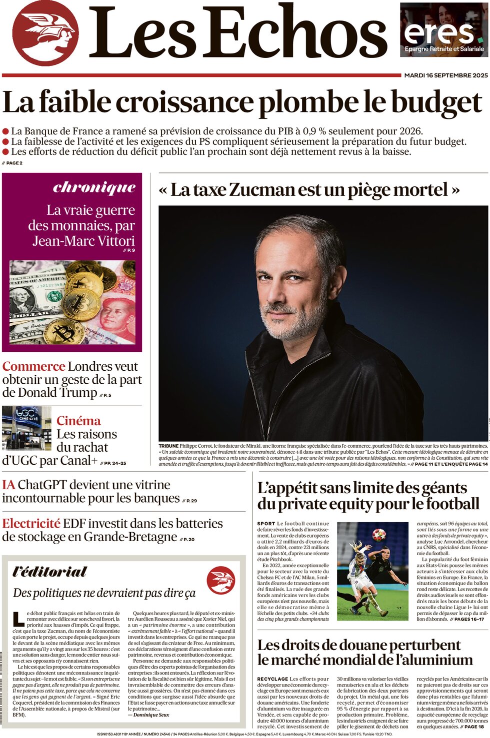 Prima Pagina Les Échos 16/09/2025