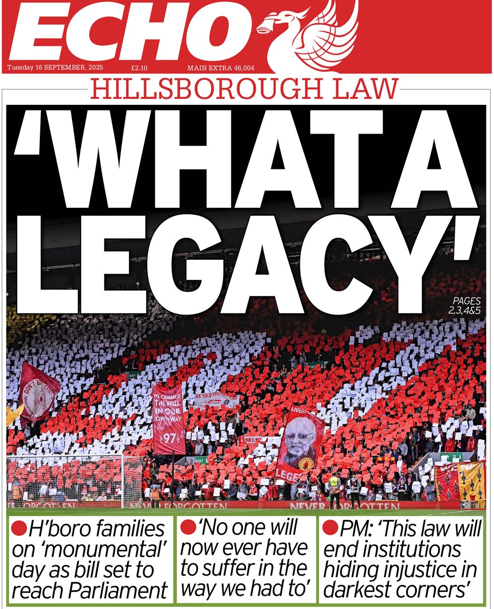 Prima Pagina Liverpool Echo 16/09/2025