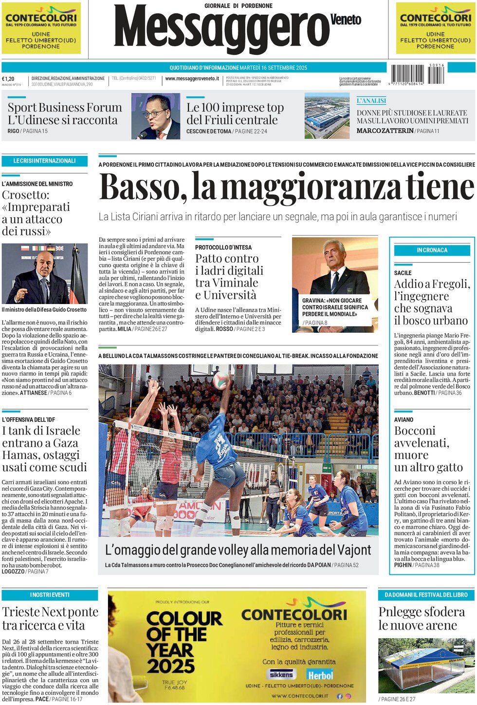Prima Pagina Messaggero Veneto (Pordenone) 16/09/2025