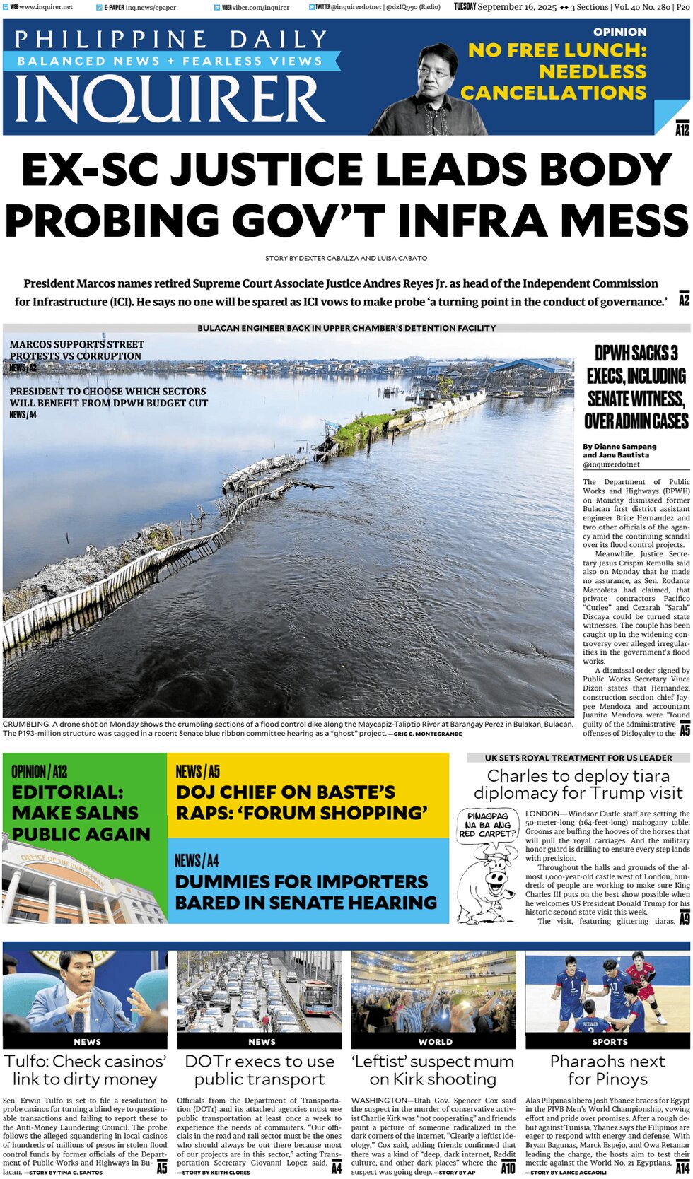 Prima Pagina Philippine Daily Inquirer 16/09/2025