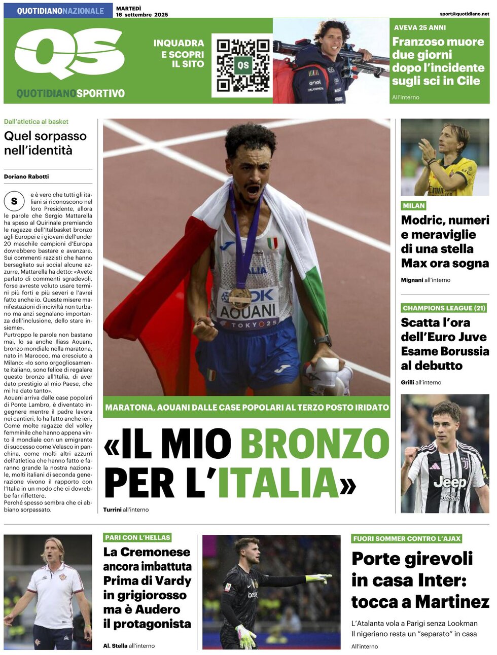 Prima Pagina QS Quotidiano Sportivo 16/09/2025