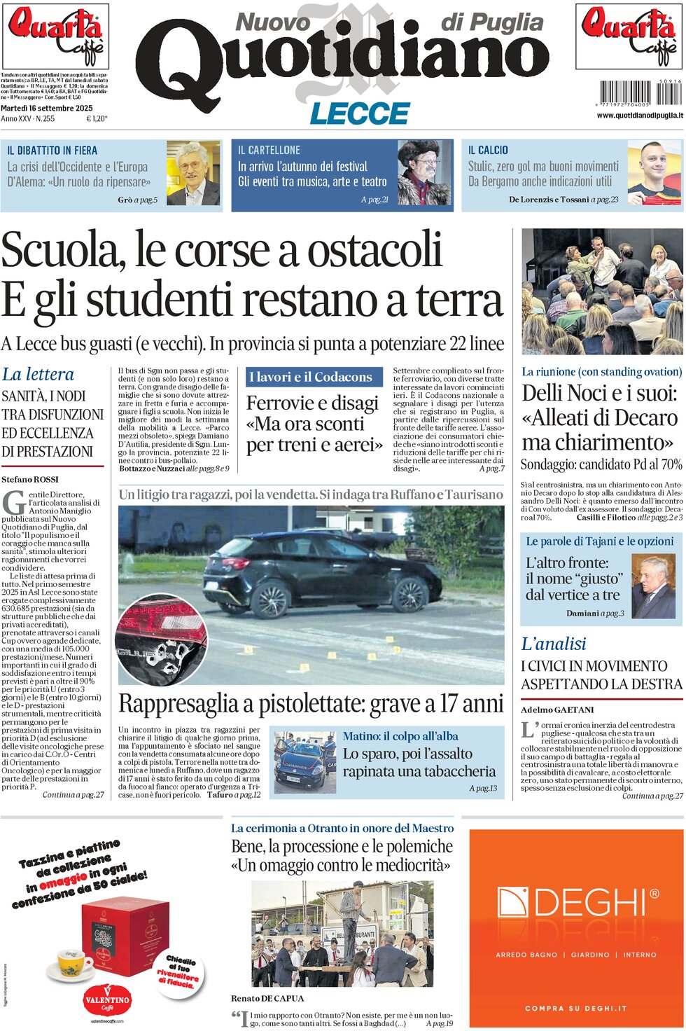 Prima Pagina Nuovo Quotidiano di Puglia (Lecce) 16/09/2025