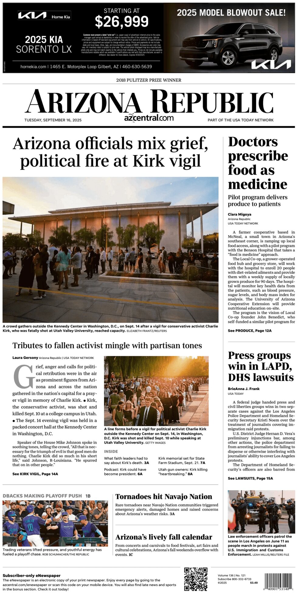Prima Pagina The Arizona Republic 16/09/2025