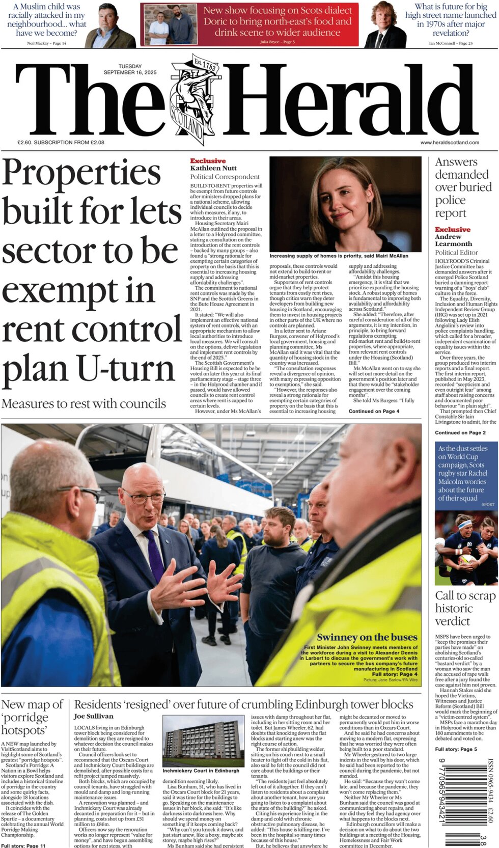Prima Pagina The Herald (Scotland) 16/09/2025