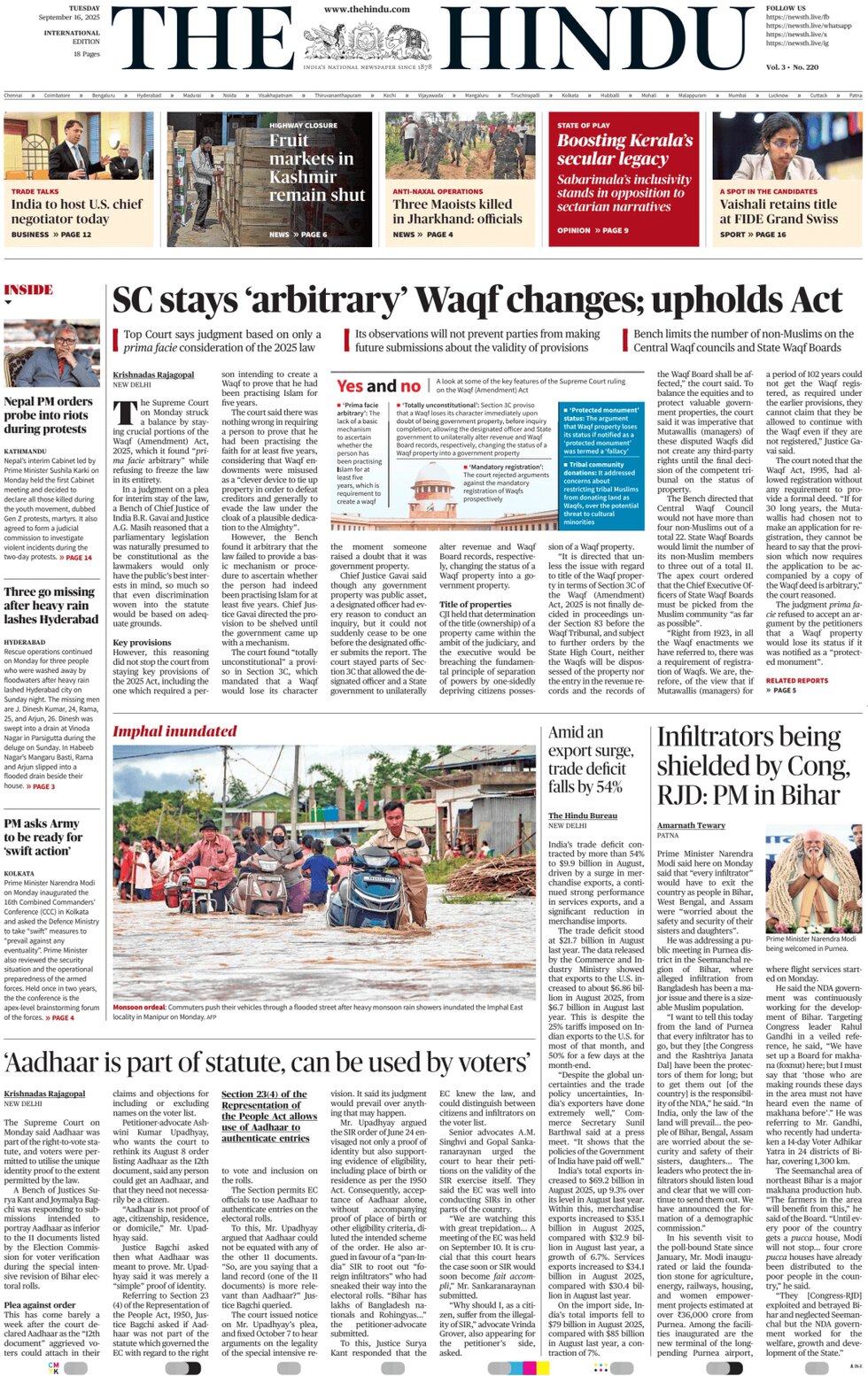 Prima Pagina The Hindu 16/09/2025