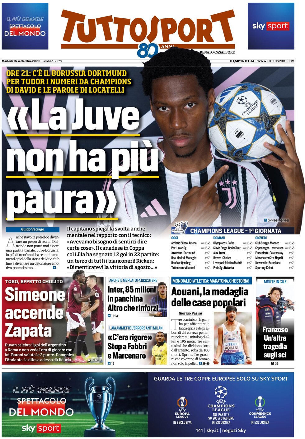 Prima Pagina Tuttosport 16/09/2025