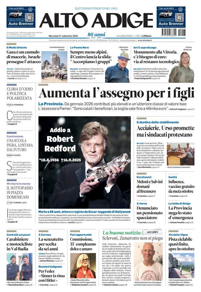 Prima Pagina Alto Adige 17/09/2025