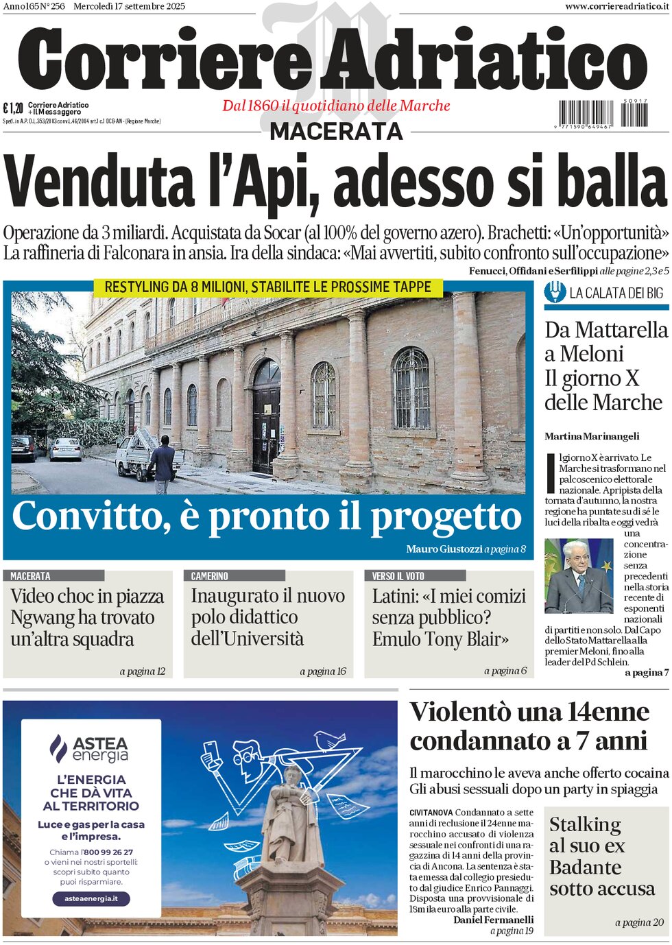 Prima Pagina Corriere Adriatico (Macerata) 17/09/2025