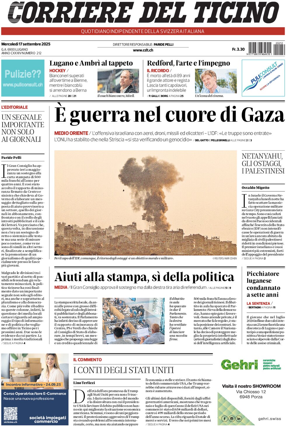Prima Pagina Corriere del Ticino 17/09/2025