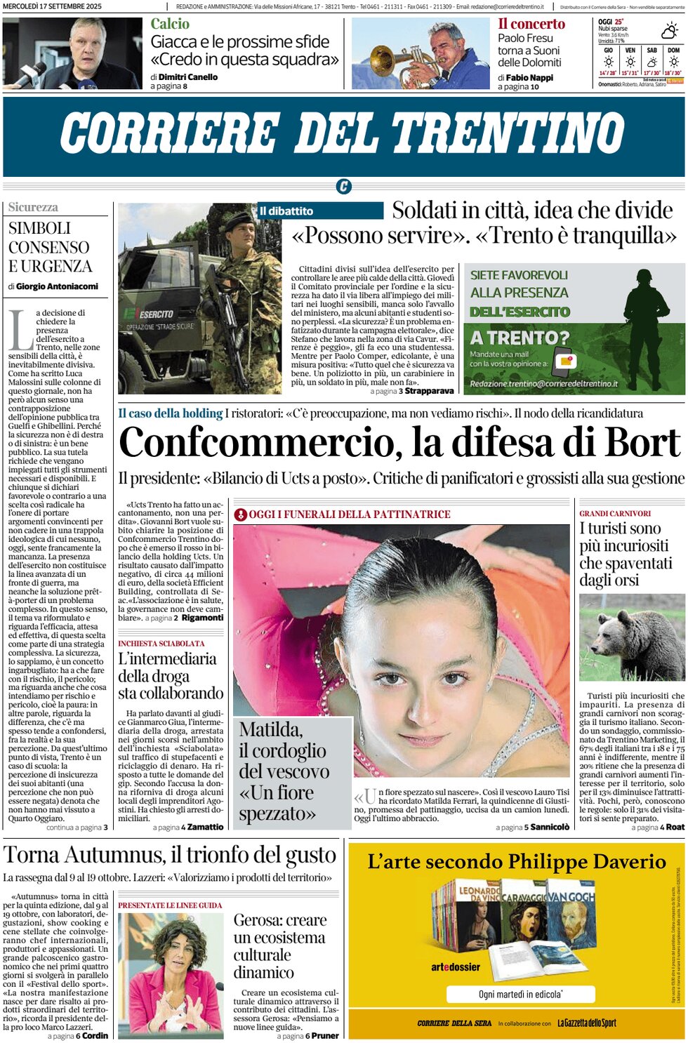 Prima Pagina Corriere del Trentino 17/09/2025