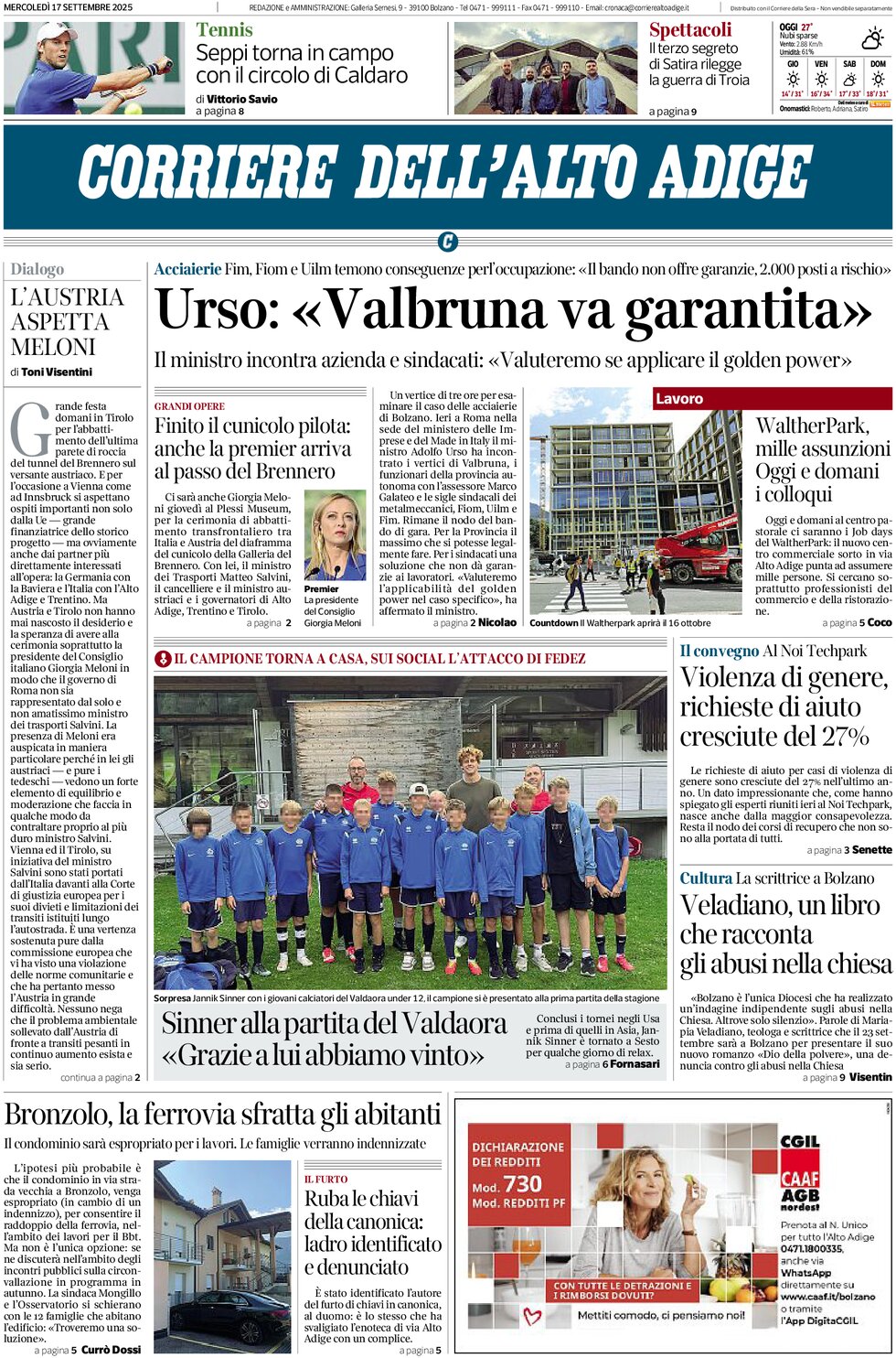 Prima Pagina Corriere dell'Alto Adige 17/09/2025