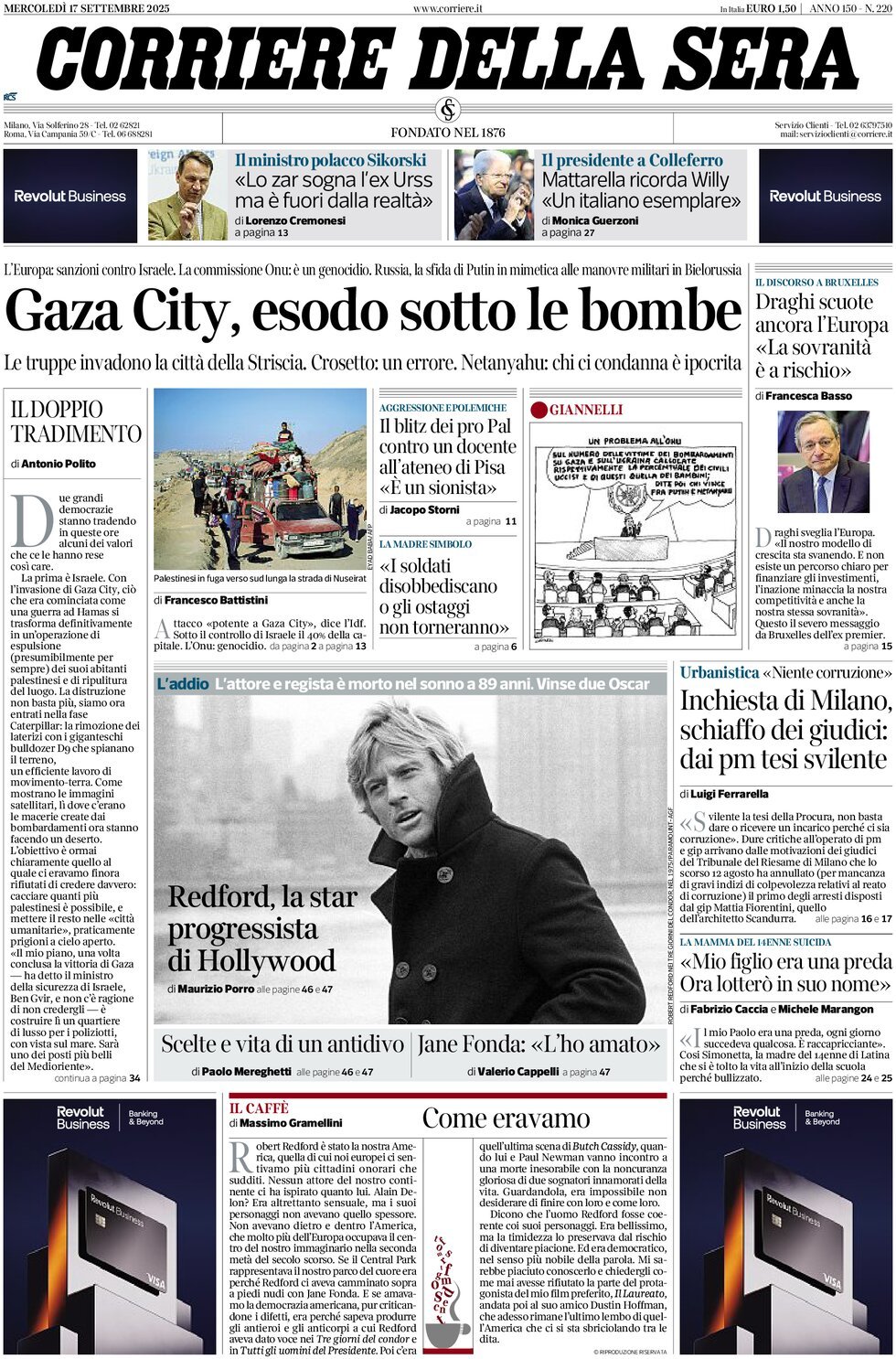 Prima Pagina Corriere della Sera 17/09/2025