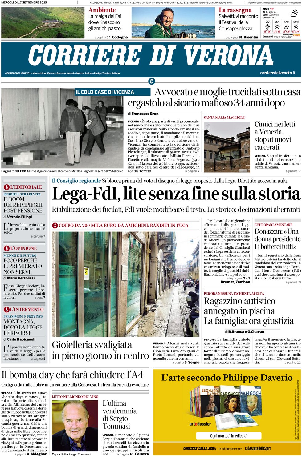 Prima Pagina Corriere di Verona 17/09/2025