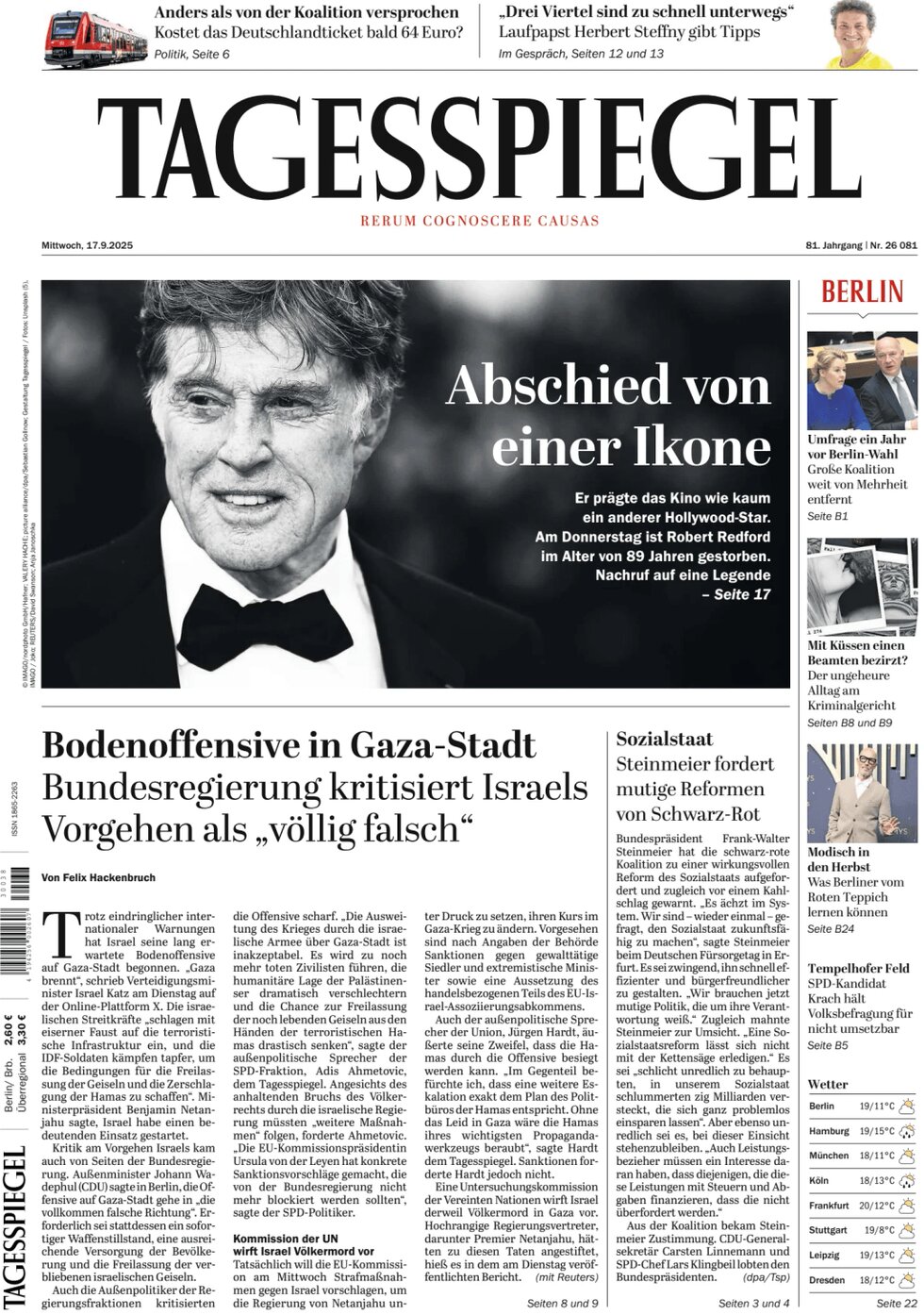 Prima Pagina Der Tagesspiegel 17/09/2025
