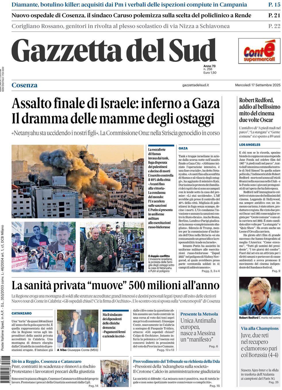 Prima Pagina Gazzetta del Sud (Cosenza) 17/09/2025