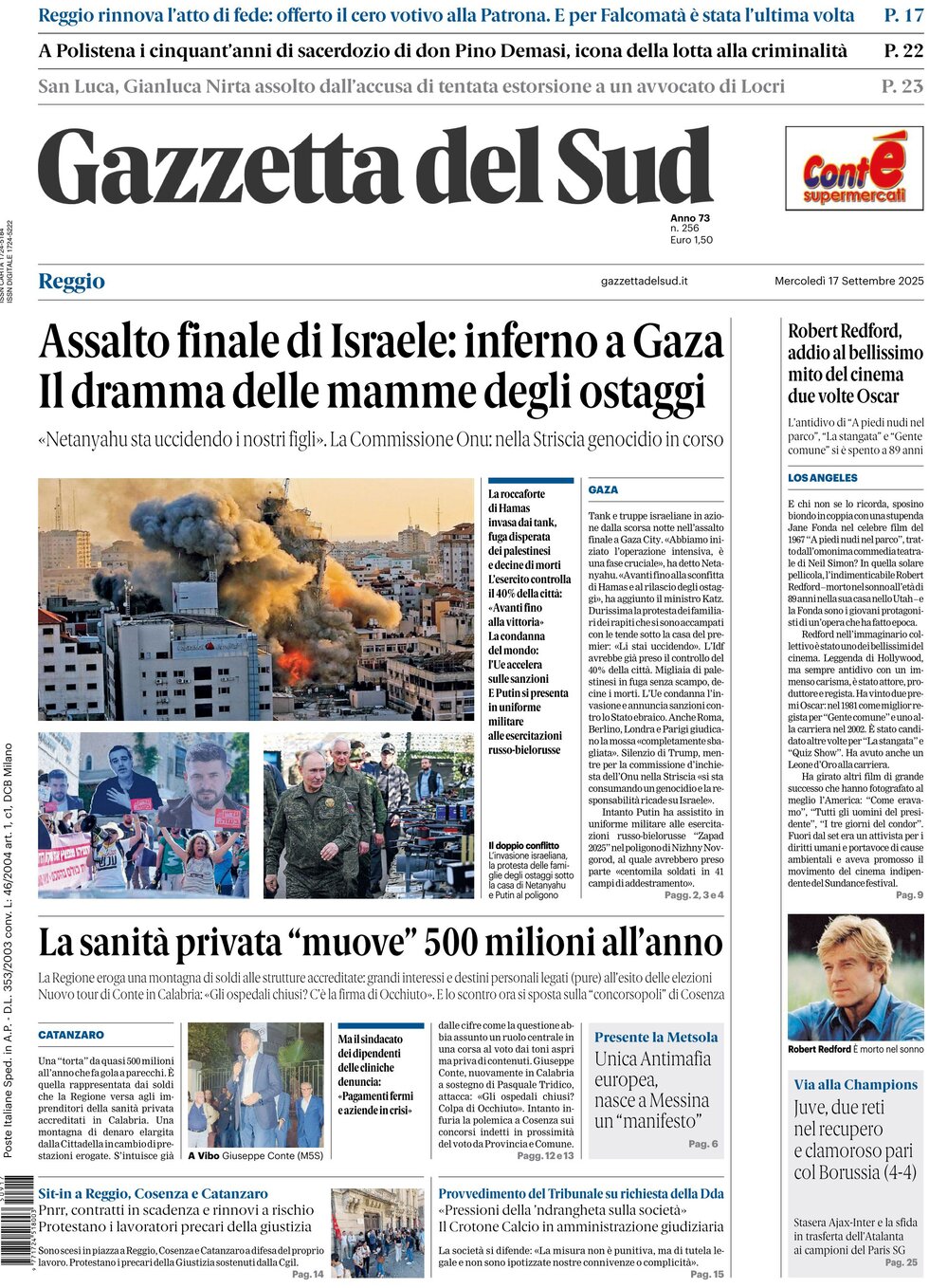 Prima Pagina Gazzetta del Sud (Reggio Calabria) 17/09/2025