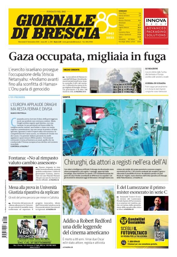 Prima Pagina Giornale di Brescia 17/09/2025