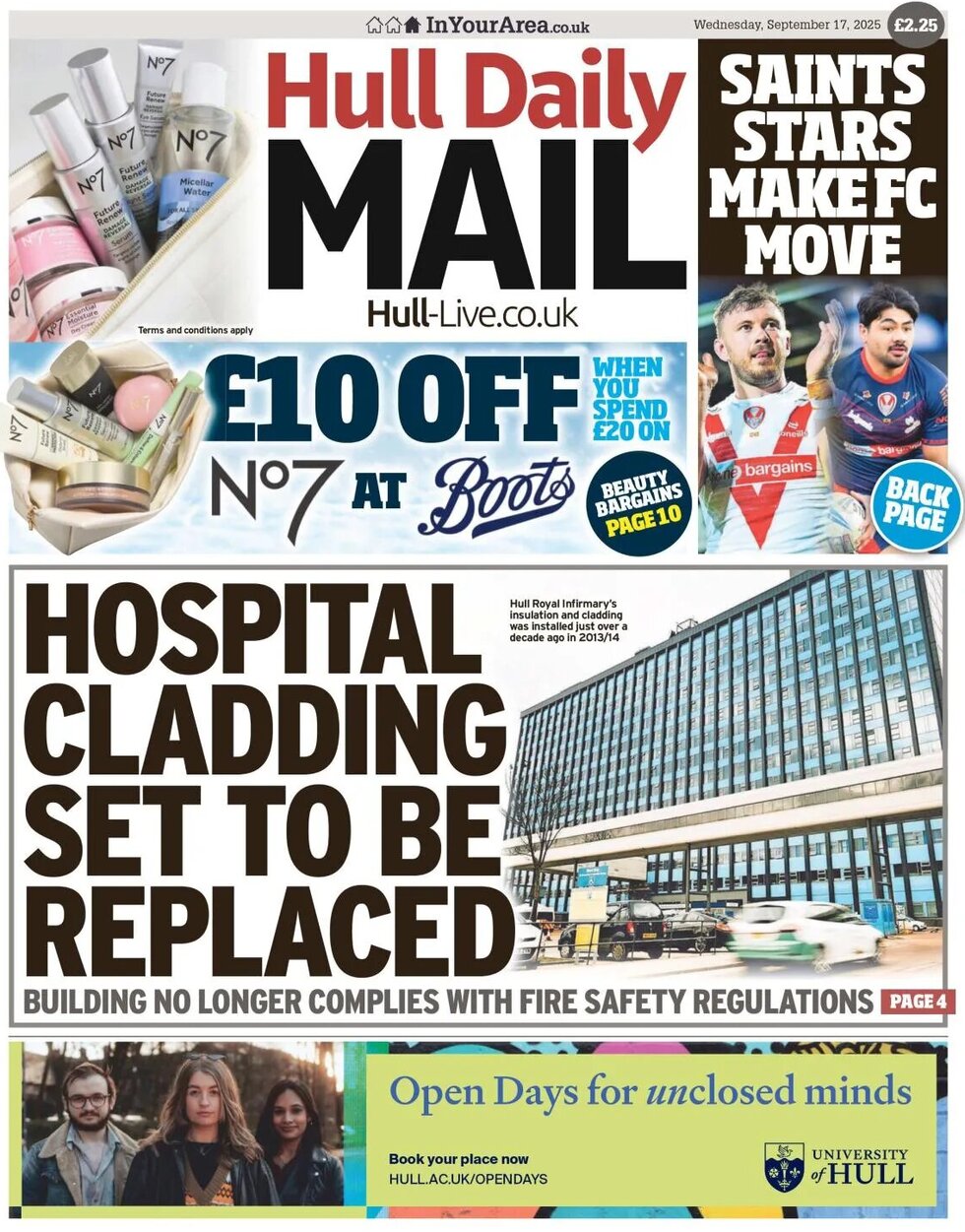 Prima Pagina Hull Daily Mail 17/09/2025