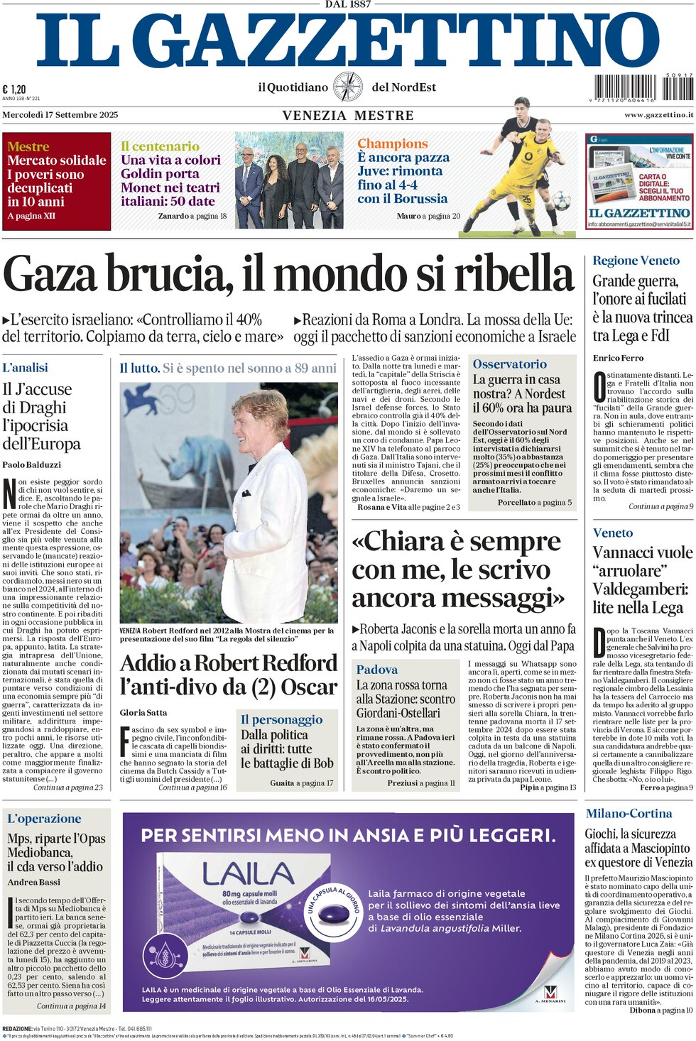 Prima Pagina Il Gazzettino 17/09/2025