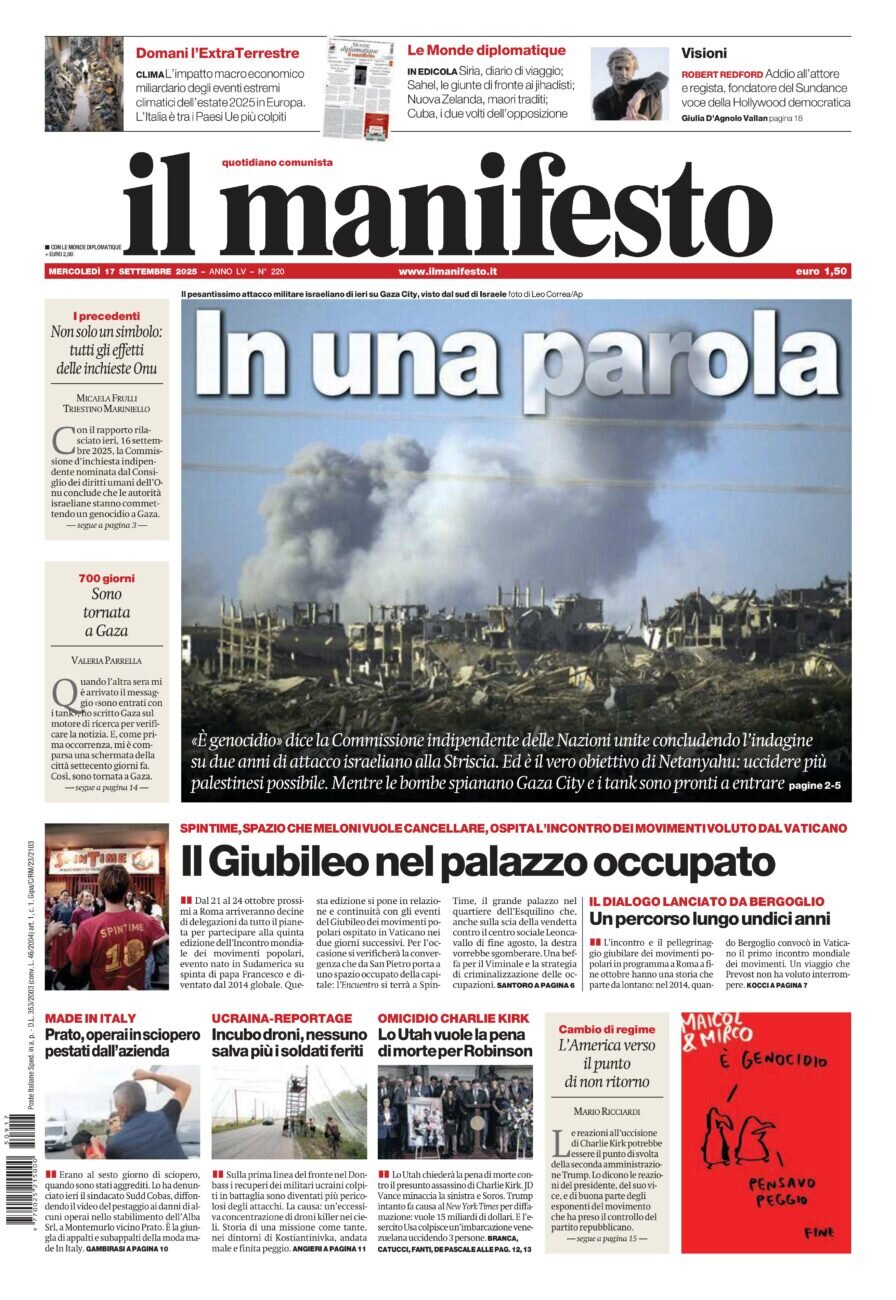 Prima Pagina Il Manifesto 17/09/2025