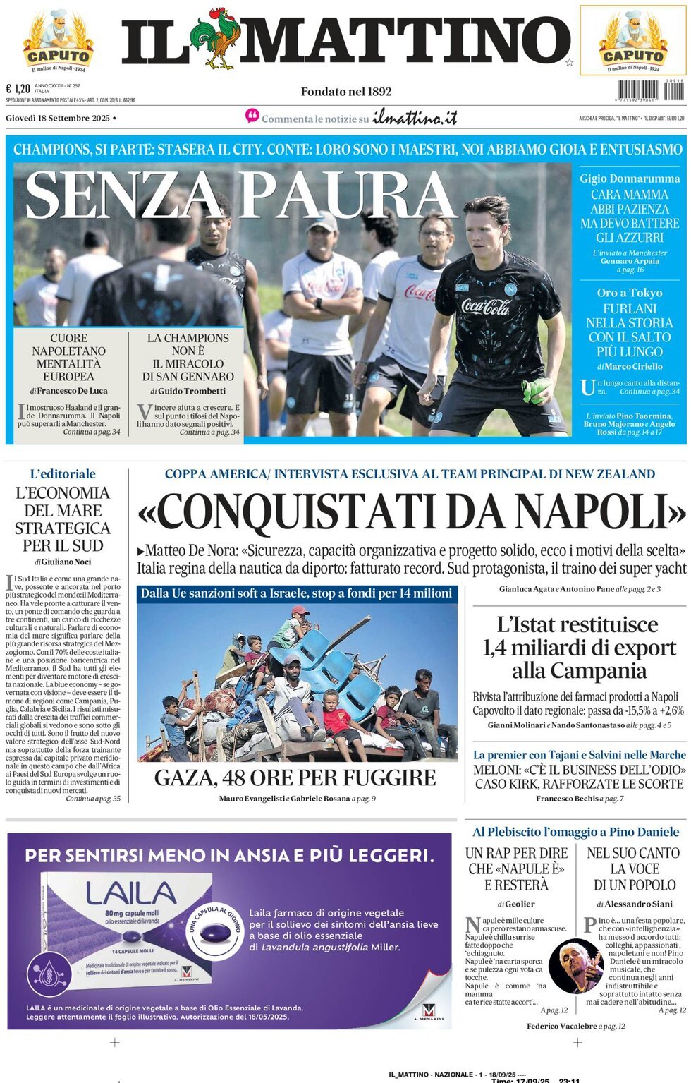 Prima Pagina Il Mattino 18/09/2025