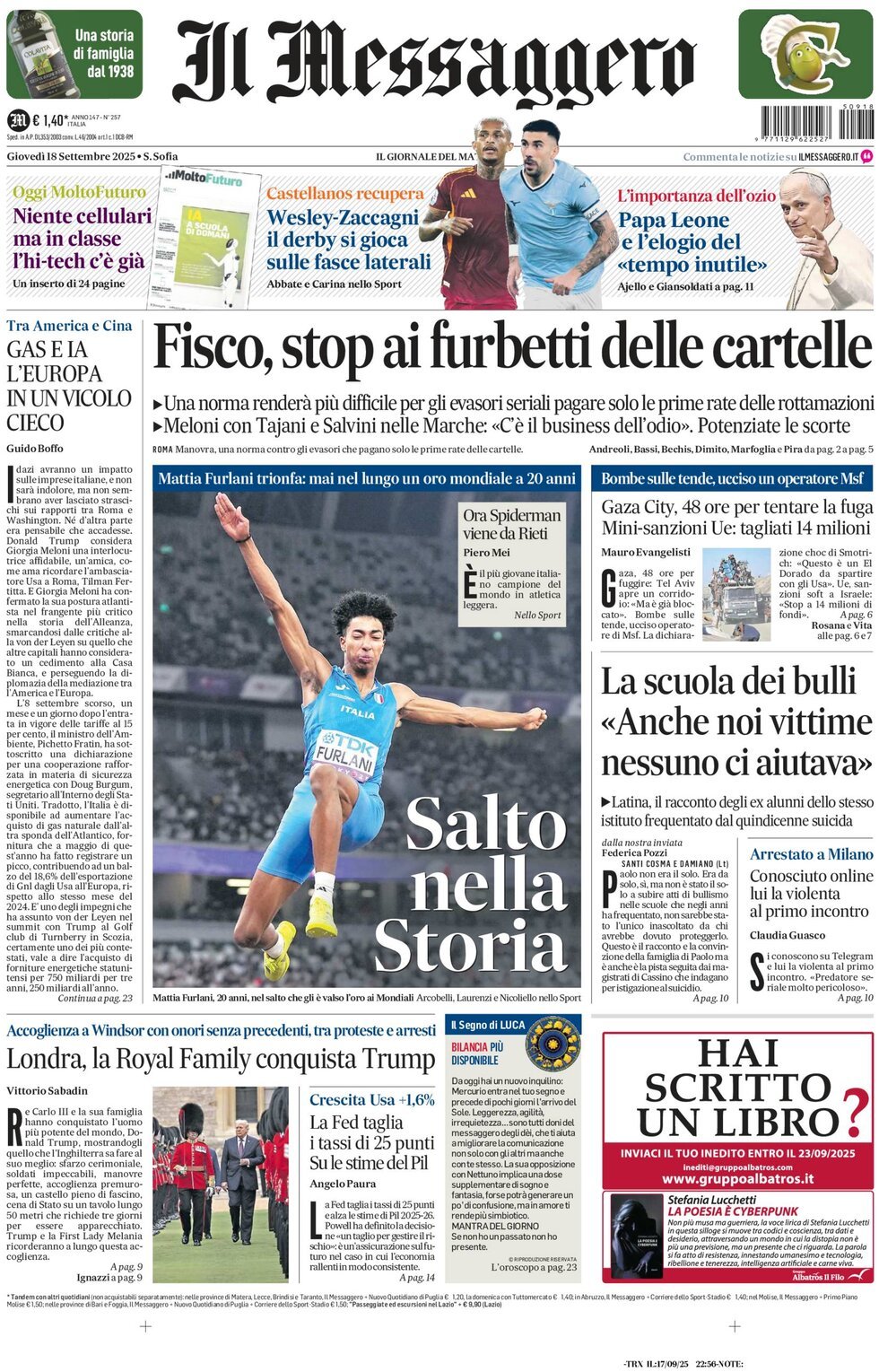 Prima Pagina Il Messaggero 18/09/2025