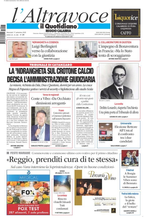 Prima Pagina Il Quotidiano del Sud (Reggio Calabria) 17/09/2025