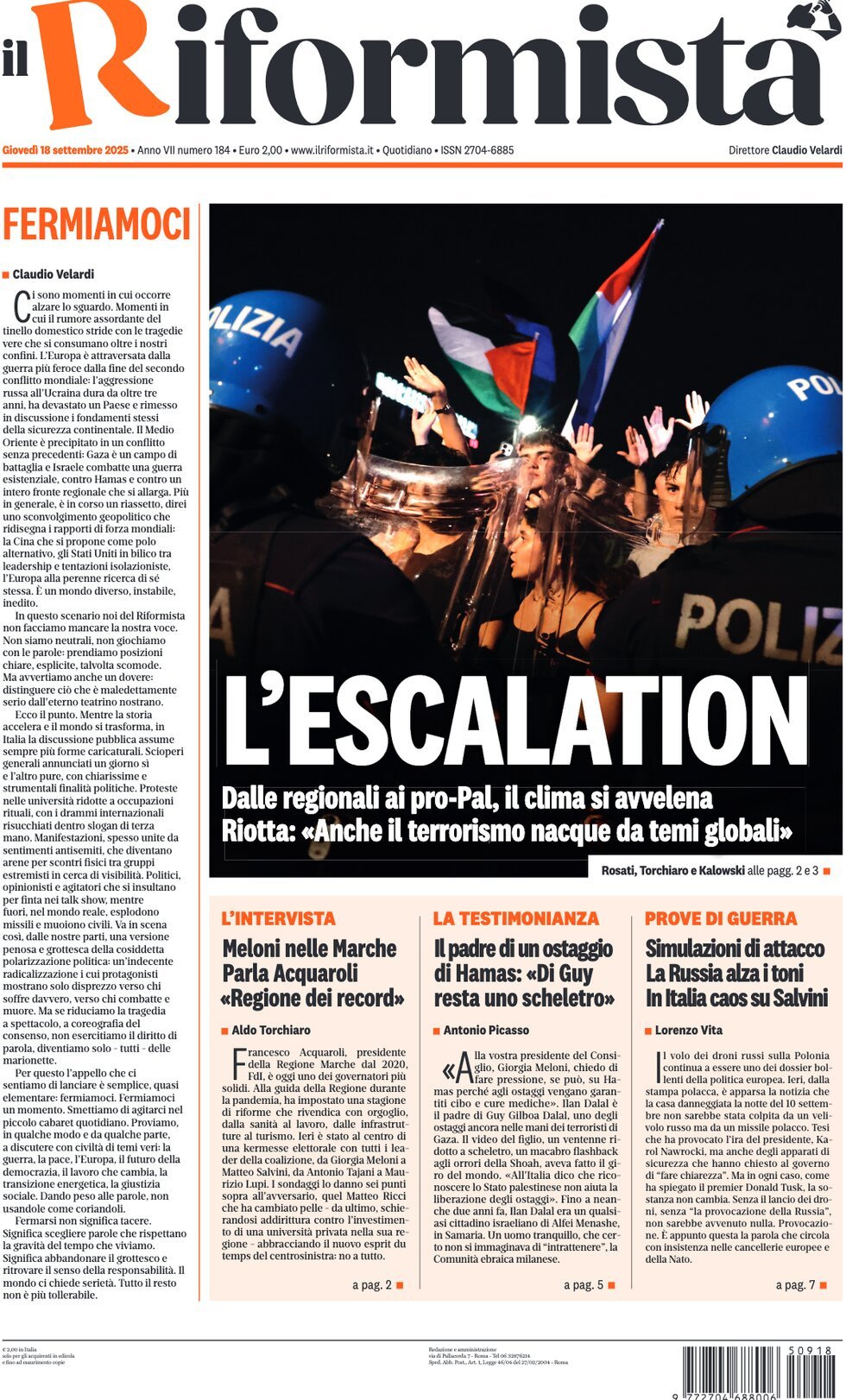 Prima Pagina Il Riformista 18/09/2025