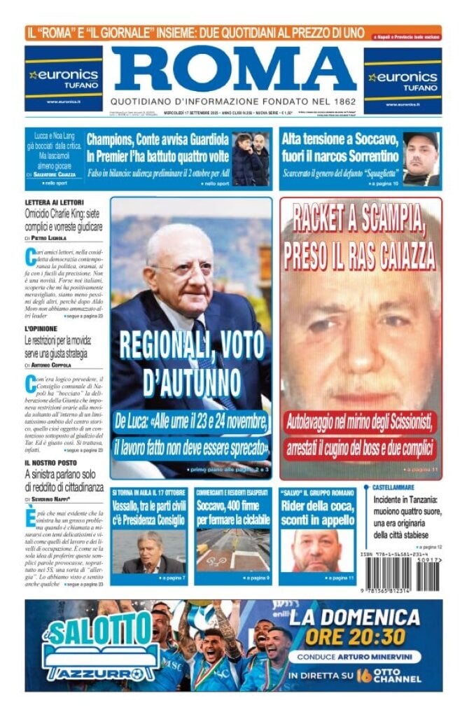 Prima Pagina Il Roma (Quotidiano di Napoli) 17/09/2025