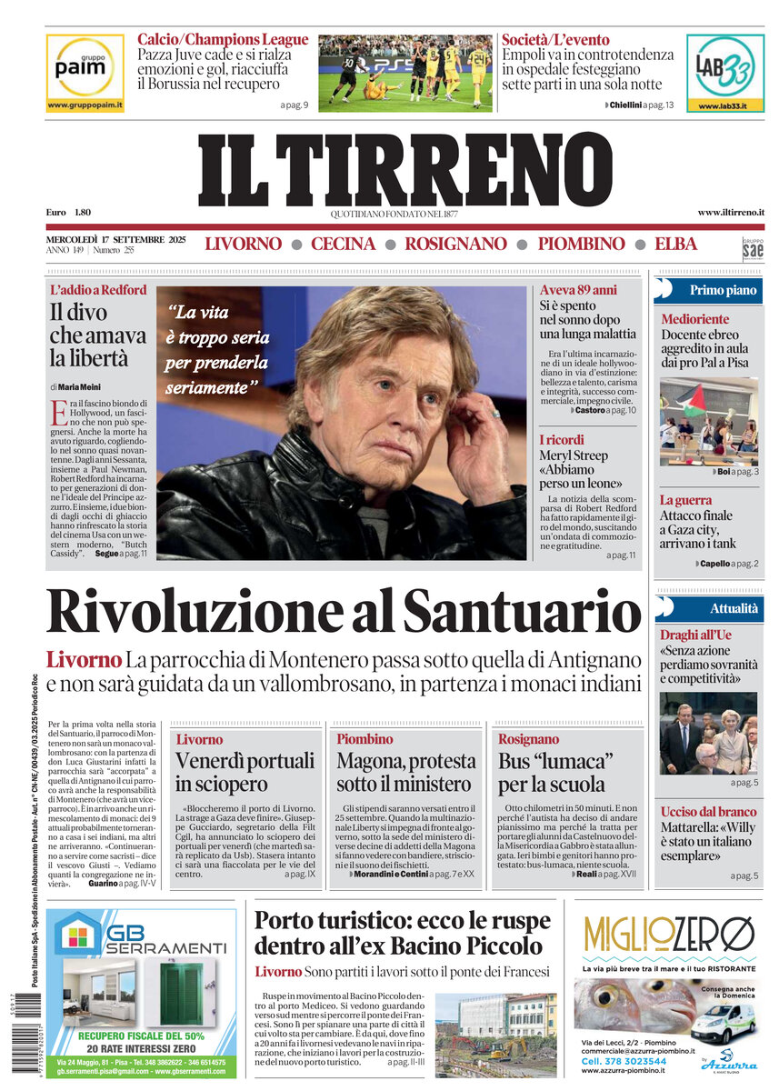 Prima Pagina Il Tirreno (Livorno, Cecina, Rosignano, Piombino, Elba) 17/09/2025