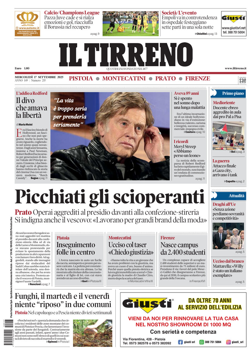 Prima Pagina Il Tirreno (Firenze, Prato, Pistoia, Montecatini) 17/09/2025