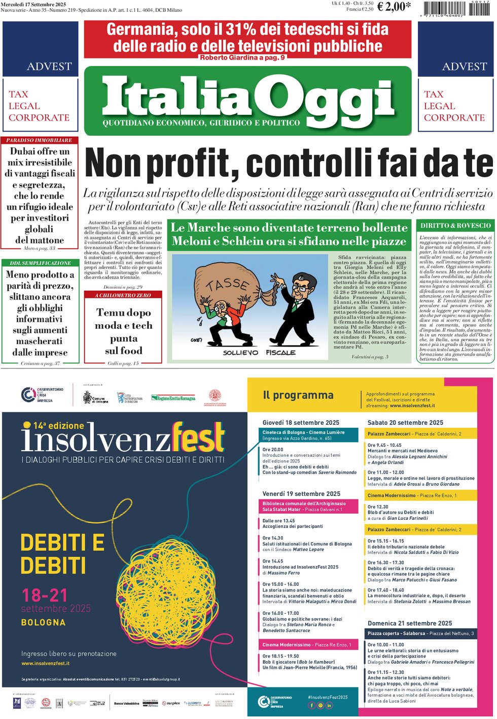 Prima Pagina ItaliaOggi 17/09/2025