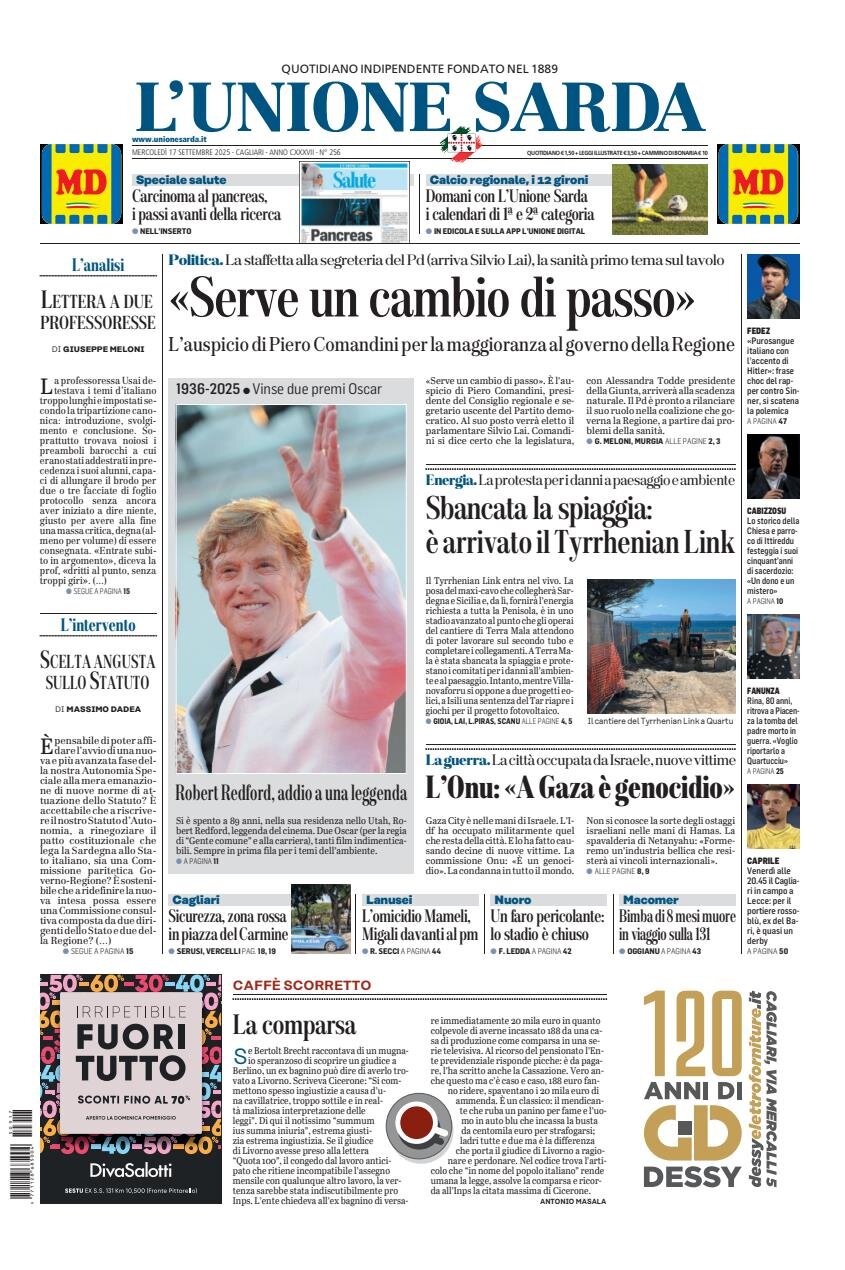Prima Pagina L'Unione Sarda 17/09/2025
