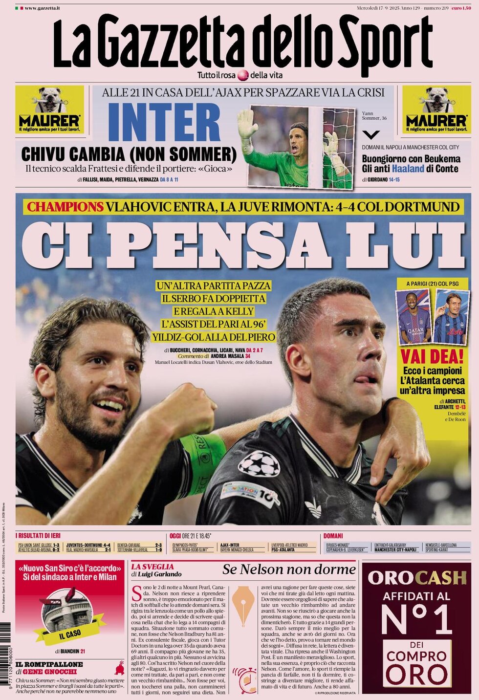 Prima Pagina La Gazzetta dello Sport 17/09/2025