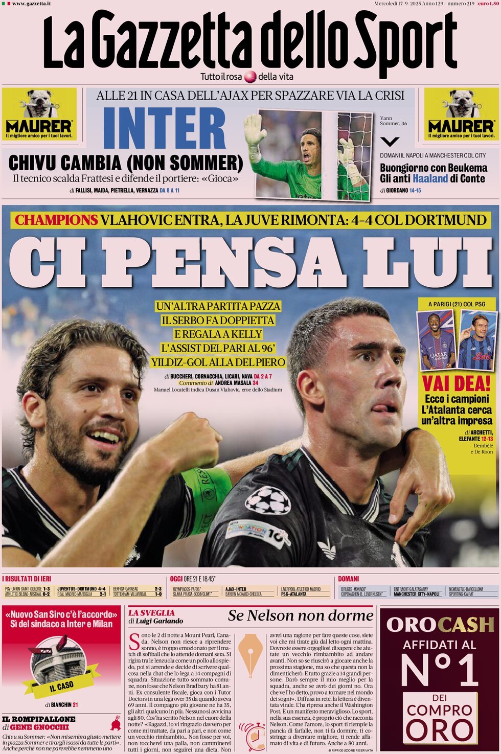 Prima Pagina La Gazzetta dello Sport 17/09/2025