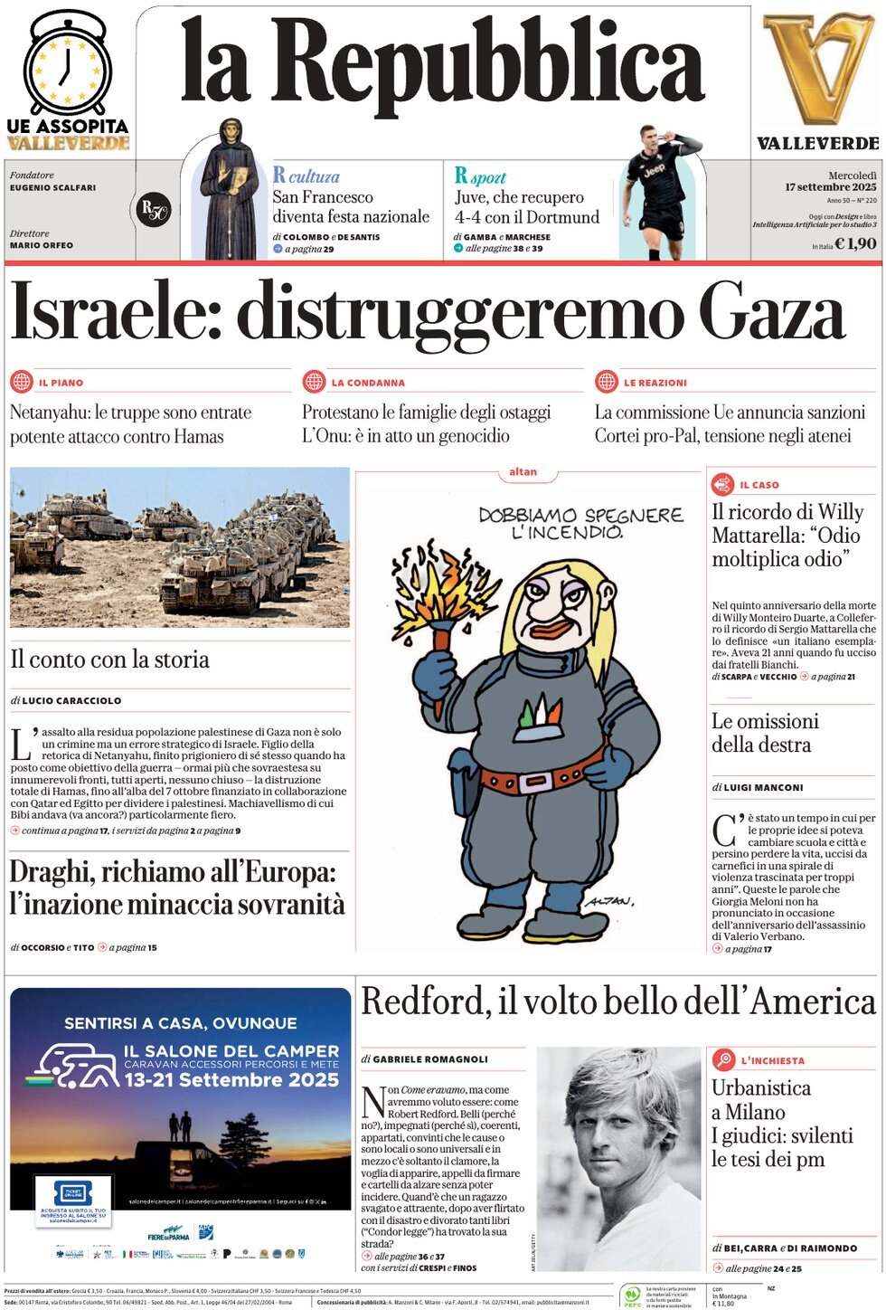 Prima Pagina La Repubblica 17/09/2025