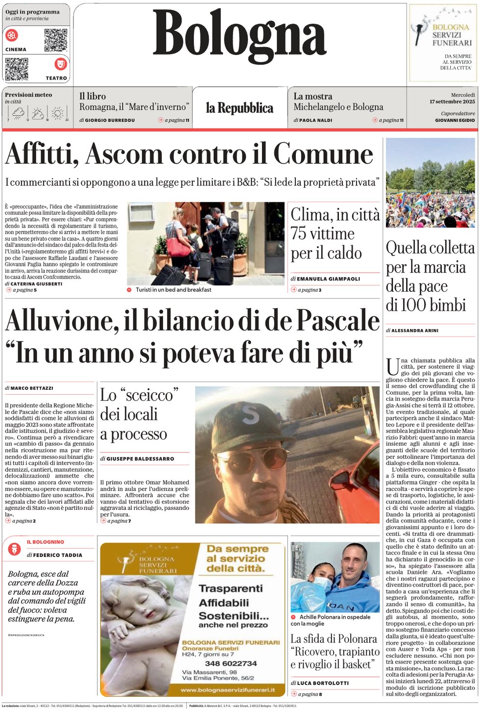 Prima Pagina La Repubblica (Bologna) 17/09/2025