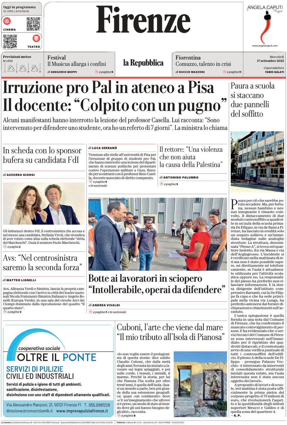 Prima Pagina La Repubblica (Firenze) 17/09/2025