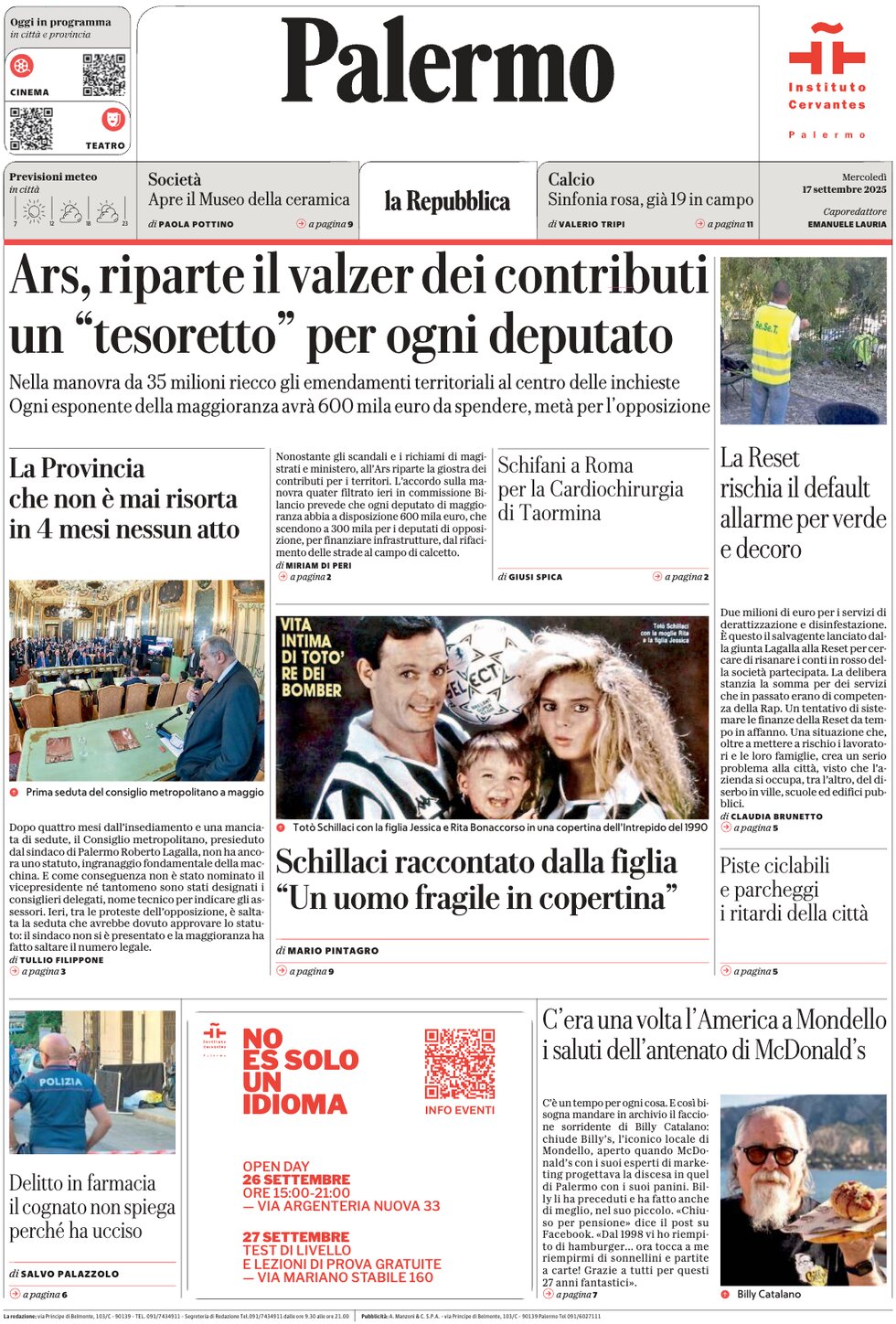 Prima Pagina La Repubblica (Palermo) 17/09/2025
