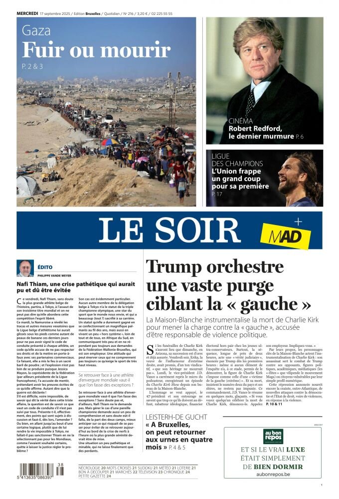 Prima Pagina Le Soir 17/09/2025